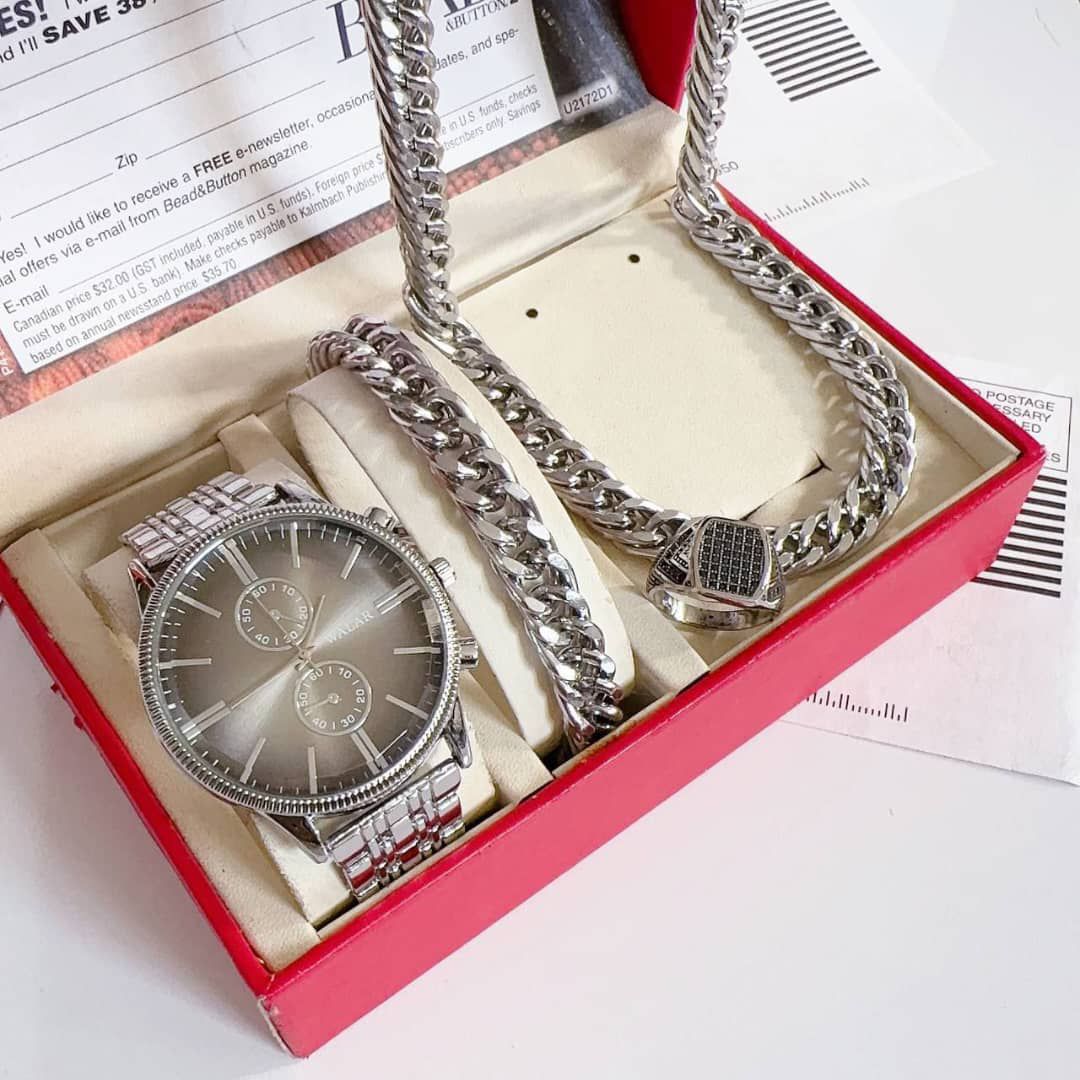 ست ساعت لوکس مردانه برند والارValarهمراه با دستبند وگردنبند و انگشتر استیل