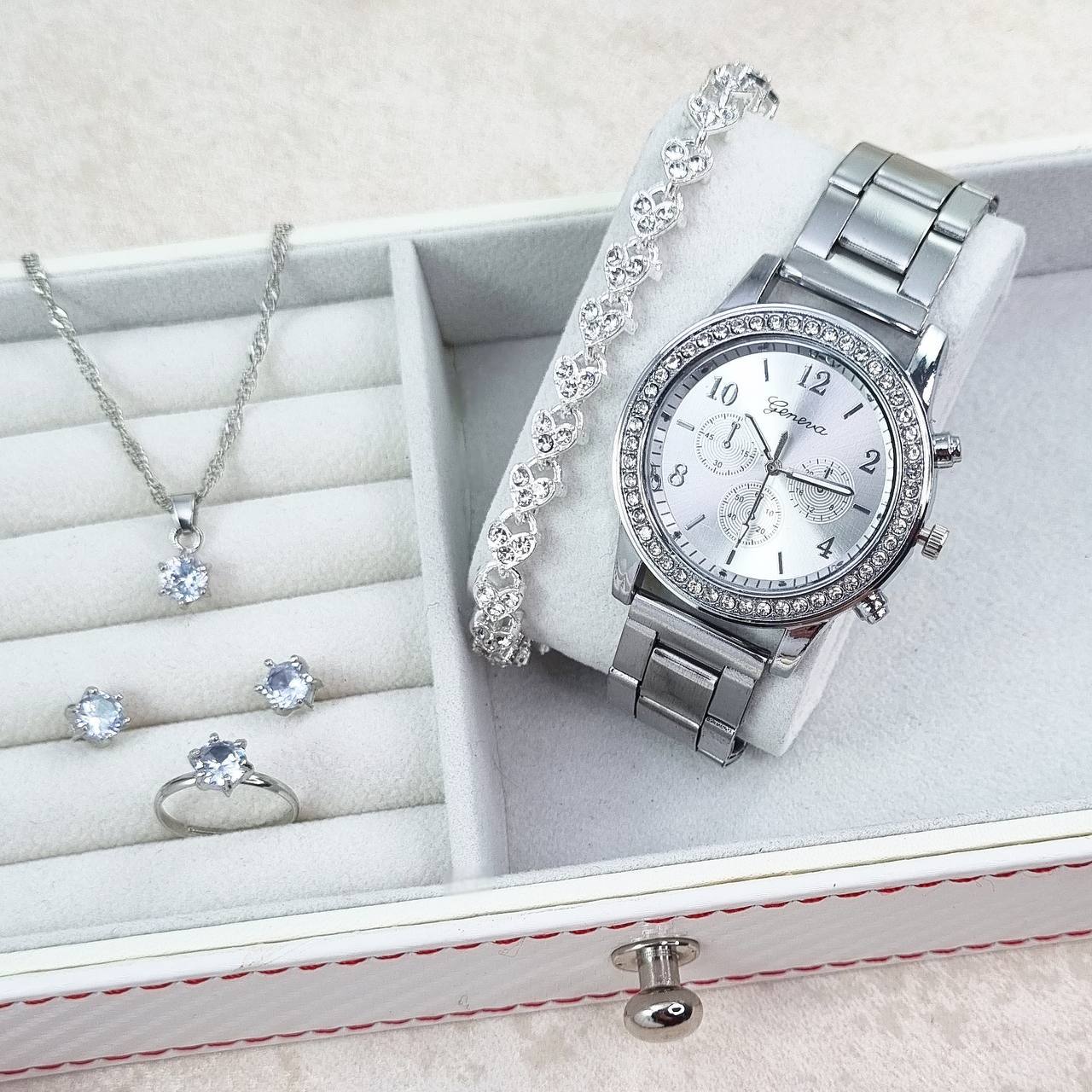 ست ساعت مچی زنانه جنوا🤩 ➕همراه دستبند، گردنبند، انگشتر، گوشواره 💍