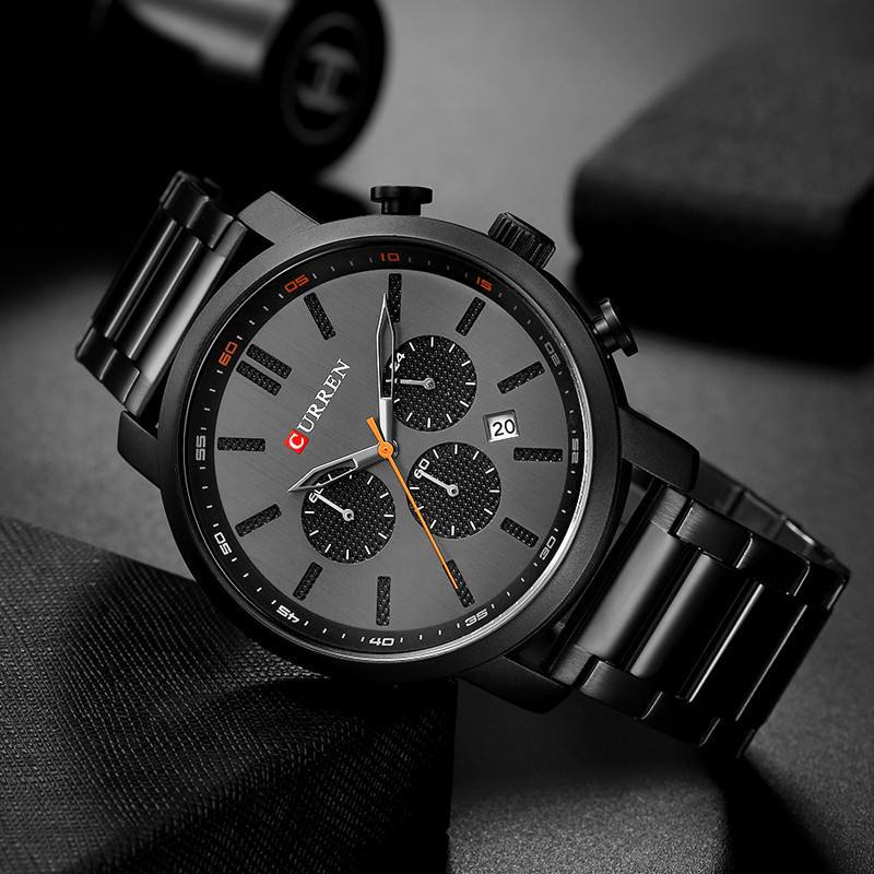ساعت مچی مردانه کرنوگراف Curren 😎 مدل کربن بلک. بدنه و بند مشکی مات ☔️ ضد آب، رنگ ثابت، تمام استیل 👌🏻کیفیت عالی، همه موتورها فعال