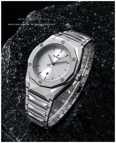 ساعت مچی مردانه HUBLOT برای آقایان موتور شرکتی گرید A++ نمایشگر ایام ماه شیشه سافایر ضدخش بند استیل مات قاب پشت استیل قفل استیل پروانهای طرح مخفی متنوع