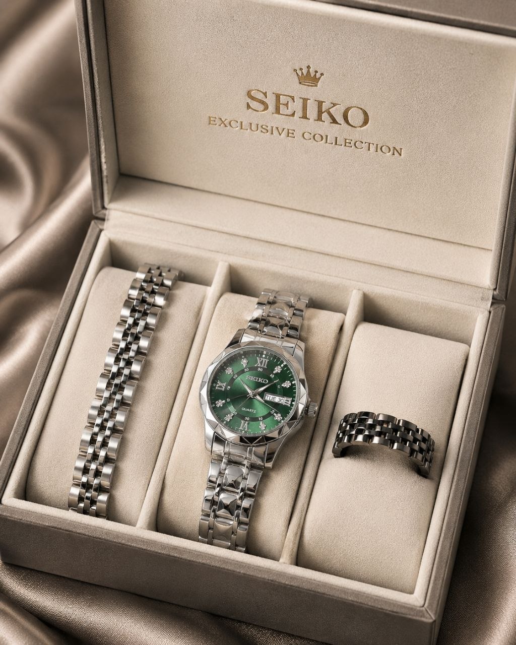 ست ساعت زنانه CITIZEN SEIKO For women ساع بند استیل طرح #الماس  موتور کوارتز شرکتی  دو تقویم (نمایش ایام ماه و هفته) بند استیل رنگ ثابت شیشه کریستال نشکن ضدآب   3Atm
