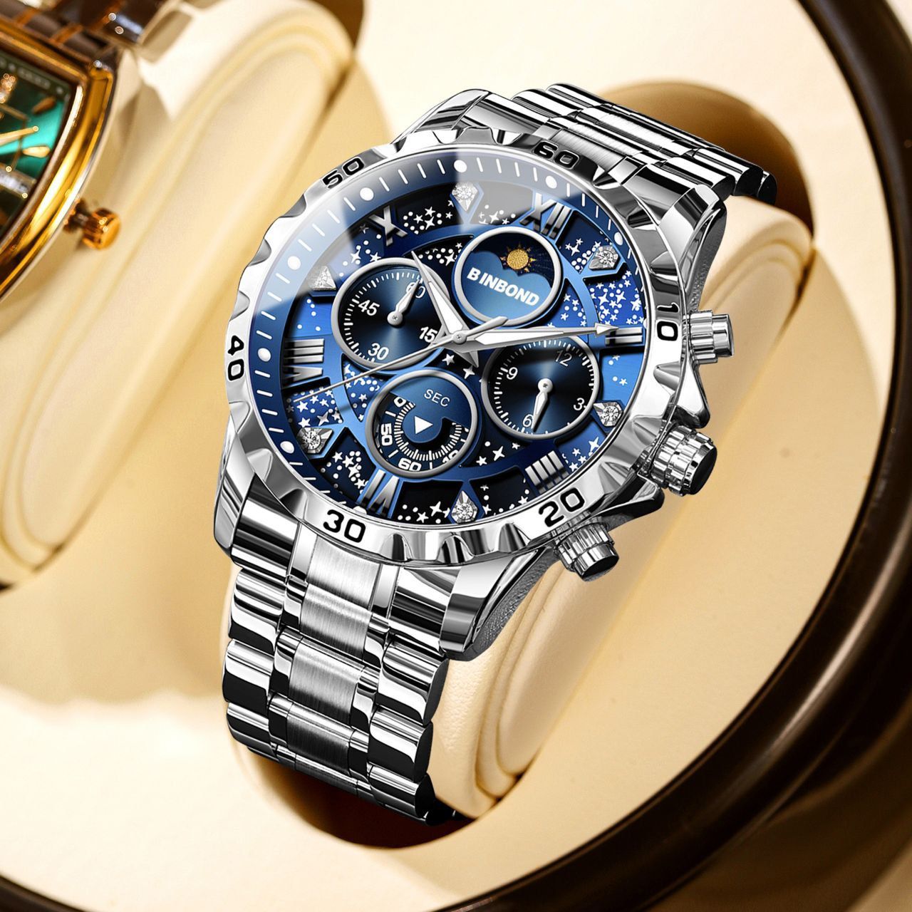 ساعت مچی مردانه ☑️BIN BOND            VIP Original watch 🫆  《highe quality》                        بین باند الماسی نو   نمایش روز ماه صفحه کهکشانی شب نما  برند شرکتی  دارای روز شمار کرنوگراف  بندفولادی ضد زنگ مقاوم دربرابر آب  رنگ ثابت  قفل کلیپسی موتور کوارتز شرکتی