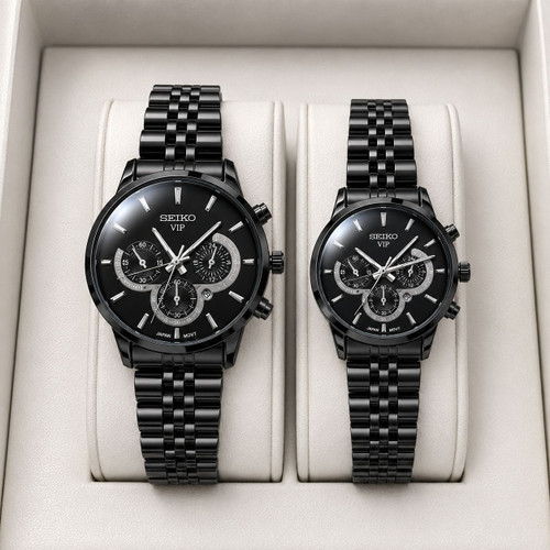 ست ساعت زنانه و مردانه سیکو ☑️seiko new collection ♤مردونه سیکو vip دارای روزشمار طرح کرنو گراف قفل کلیپسی موتورکوارتز