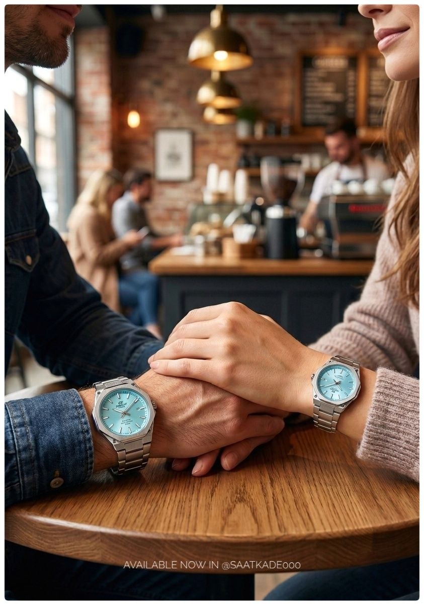 ست ساعت زنانه و مردانه Edifice Casio   ساعت ست بند استیل از برند "ادیفایس" رنگ صفحه تیفانی  موتور شرکتی گرید A++ نمایشگر ایام ماه  شیشه کریستال نشکن  قاب پشت و بند استیل رنگ ثابت  قفل استیل فشاری