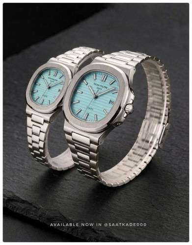 ست ساعت زنانه و مردانه Patek Philippe ساعت ست بند استیل از برند "پتکفیلیپ" رنگ صفحه تیفانی موتور شرکتی گرید A++ نمایشگر ایام ماه شیشه کریستال نشکن اندیس شبنما قاب پشت و بند استیل رنگ ثابت قفل استیل فشاری
