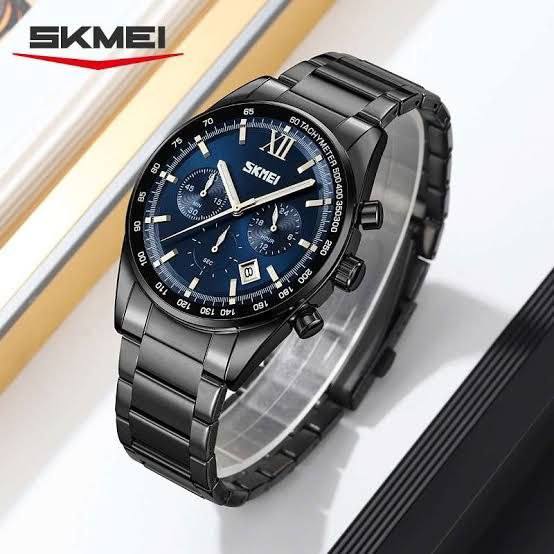 ساعت مچی مردانه skmei  Skmei 9096 New Design   موتور ژاپن ۳موتور کرنوگراف نمایش ایام ماه ضدآب 3Atm بند استیل شیشه کریستال ضدخش قفل استیل پروانه‌ای