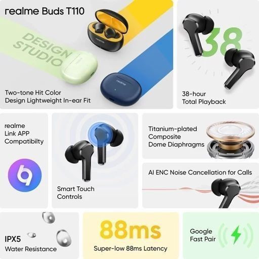 ایرپاد نوع اتصال بی سیم نسخه realme BudT200 بلوتوث 5.4 فناوری Noise Canceling ANC ، ENC پنل لمسی