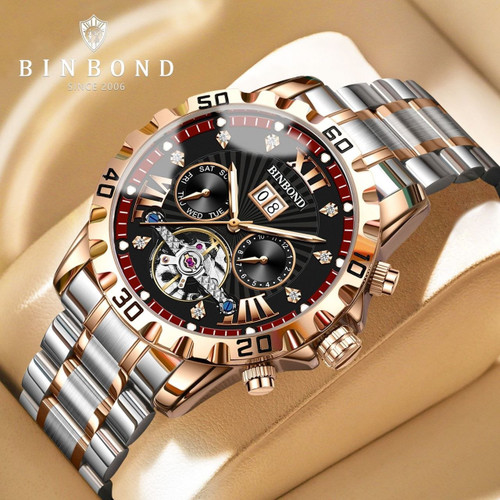 ساعت مچی مردانه ☑️BIN BOND 《highe quality》 Original watch ⌚️ ابهت، قدرت و ظرافت... همه در یک قاب. مناسب آقایان صفحه چشم نواز با جزئیات حرفه ای موتور پر قدرت اتوماتیک روز شمار ایام هفته موتورهای فعال نمایش اسکلتون مناسب استایل رسمی و روز مره مقاوم دربرابر آب برندشرکتی اوریجینال بند استیل فولاد شیشه سافایر صفحه لومینوس(شب نما) قفل دو پروانه