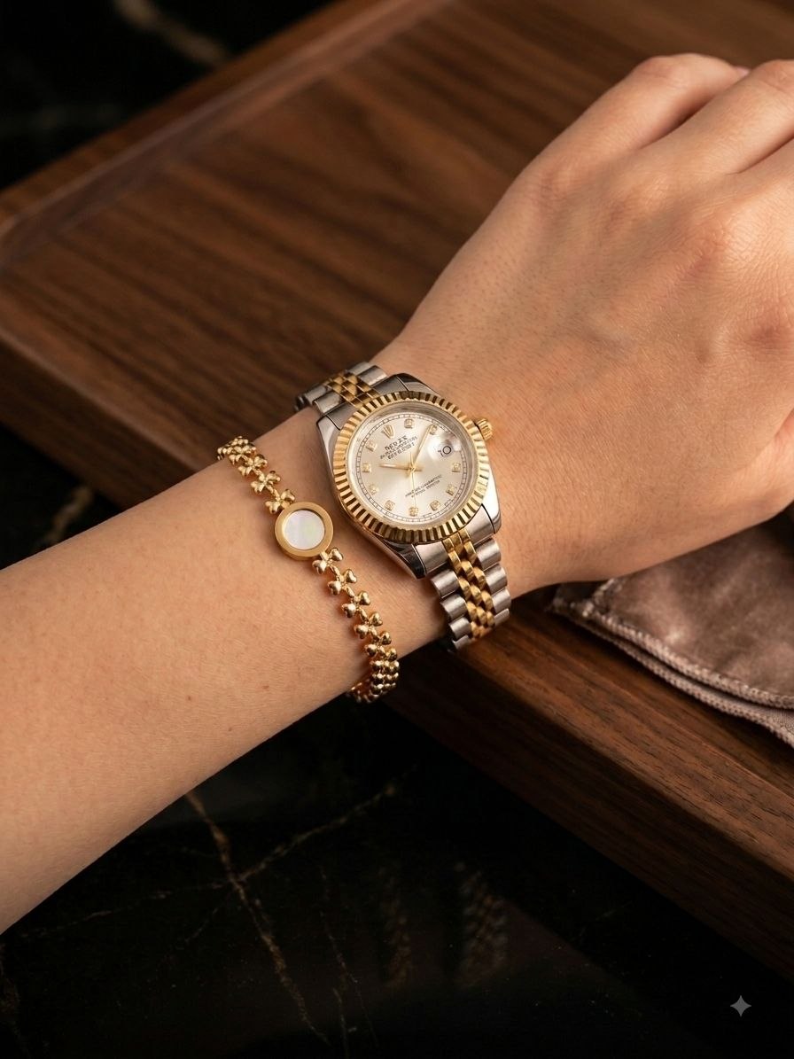 ست ساعت و دستبند ☑️ROLEX    Date just   مردونه رولکس دیت جاس   📌کیفیت سفارشی  >ضدآب  قفل کلیپسی صفحه نگینی  بنددو رنگ