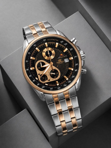 ساعت مچی مردانه ☑️casio New collection ✨️ Cornograf ✅ طراحی لوکس و پرفروش کاسیو مردونه ⌚️ مدل جدید دورنگ طلایی سیلور با صفحه مشکی ادی فایس کرنوگراف دارای روزشمار قفل کلیپسی ضامن دار بند استیل
