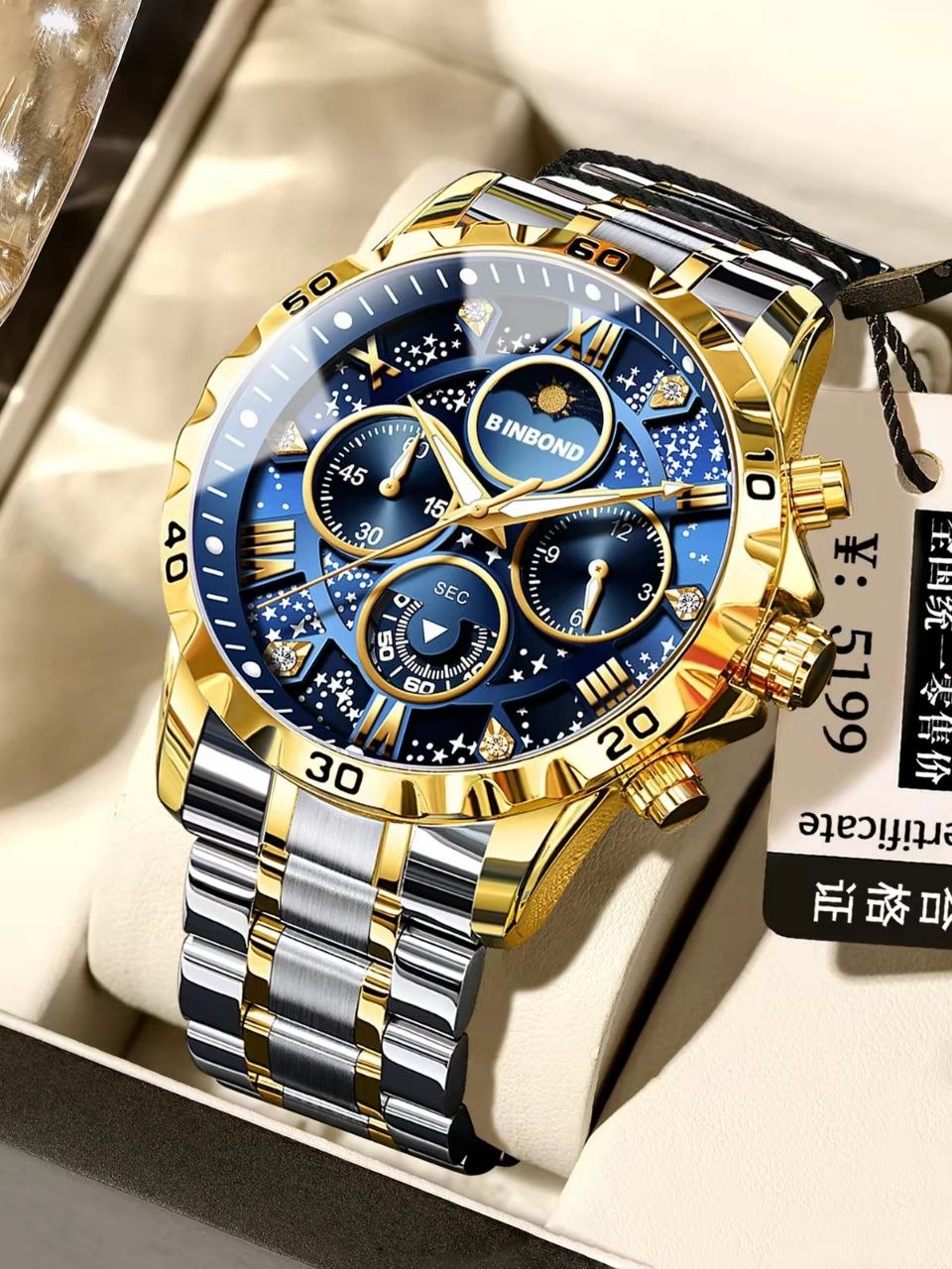 ساعت مچی مردانه ☑️BIN BOND            VIP  Original watch 🫆  《highe quality》                        بین باند الماسی نو   نمایش روز ماه صفحه کهکشانی شب نما  برند شرکتی  دارای روز شمار کرنوگراف  بندفولادی ضد زنگ مقاوم دربرابر آب  رنگ ثابت  قفل کلیپسی موتور کوارتز شرکتی  خاص