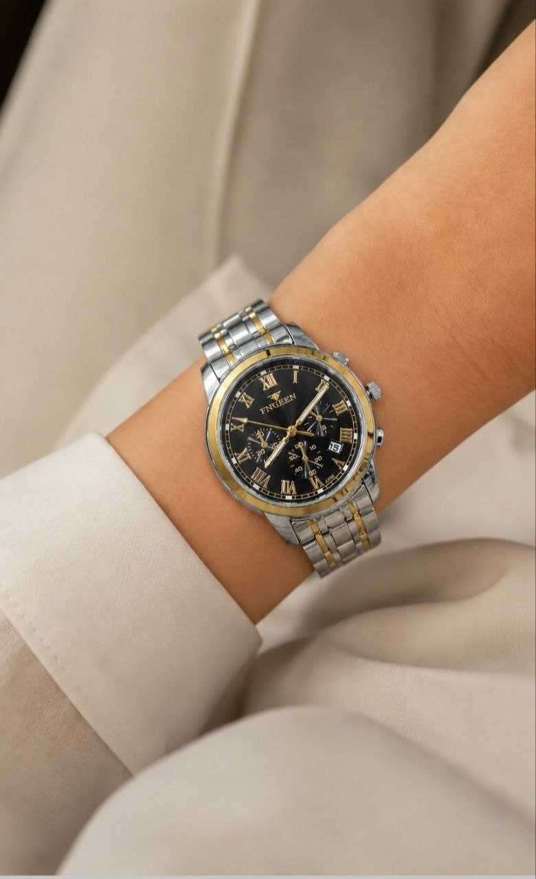 ساعت مچی مردانه ☑️FNGEEN                ⌚️فن جین  زنونه  شرکتی  برند اوریجینال  قفل کلیپسی موتور کوارتز مقاوم در برابر آب  بند استیل ضدزنگ دارای روزشمار