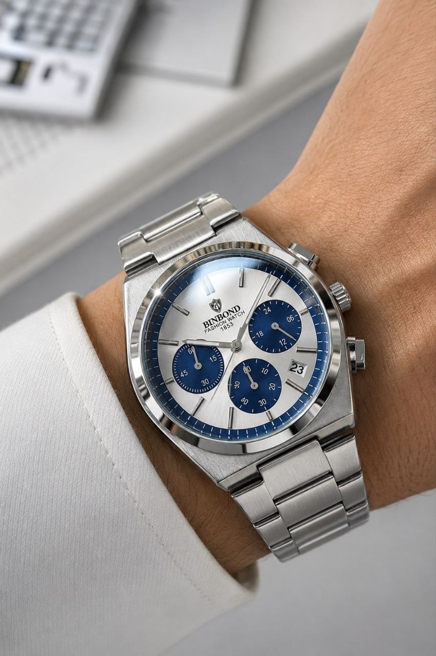 ساعت مچی مردانه ☑️BIN BOND   《highe quality》       🫆Original watch               ⌚️بین باند مدلی نو     مردونه پرطرفدار  مقاوم دربرابر آب برندشرکتی اوریجینال  شب نما کرنوگراف  دارای روز شمار  بند استیل فولاد شیشه سافایر