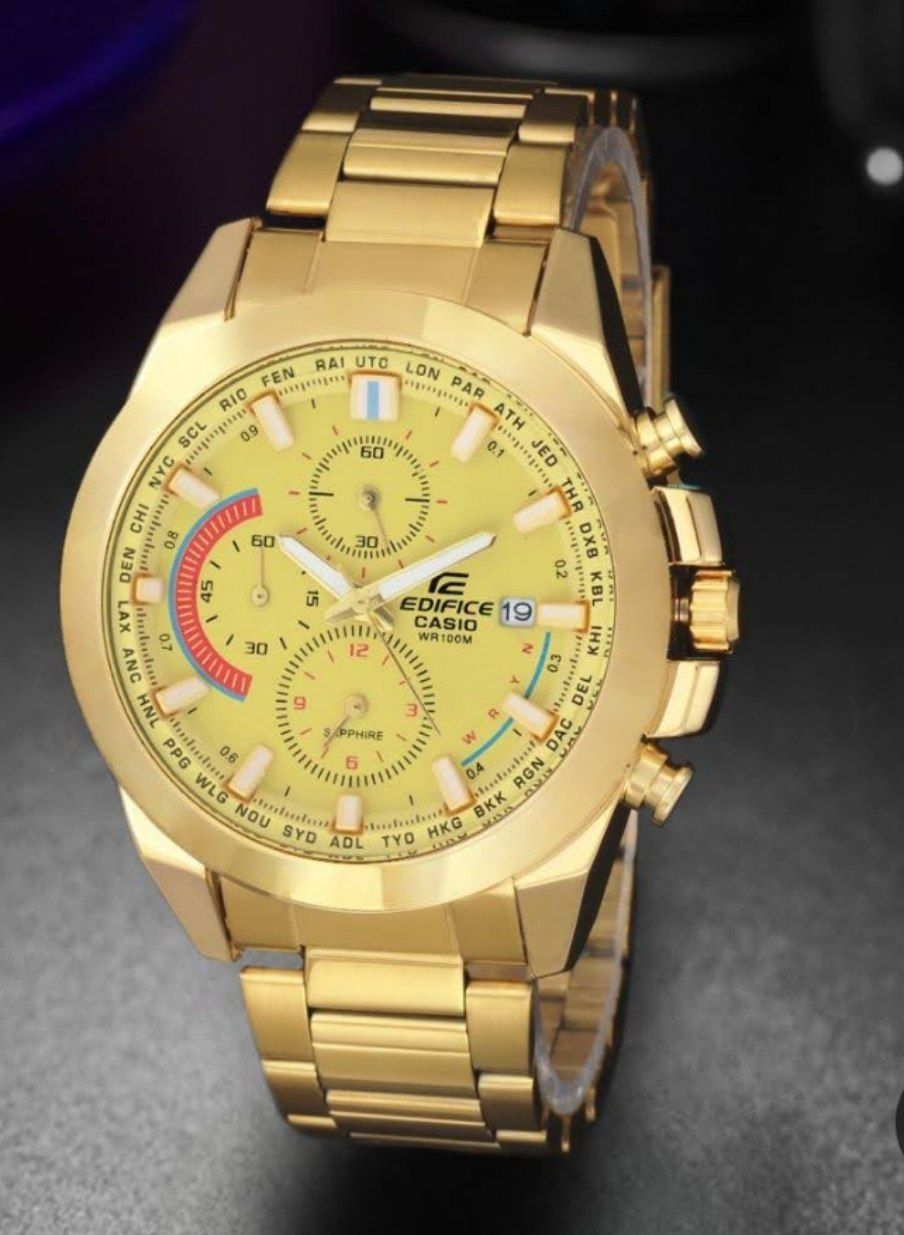 ساعت مچی مردانه.   casio edifice  ساعت مردانه    سه موتور فعال موتور ضداب گرید A++ دارای روزشمار  قاب دوار شیشه‌ای در قاب پشت ساعت پیچ تنظیم قفلی بند و قفل استیل رنگ ثابت شیشه  کریستال ضدخش