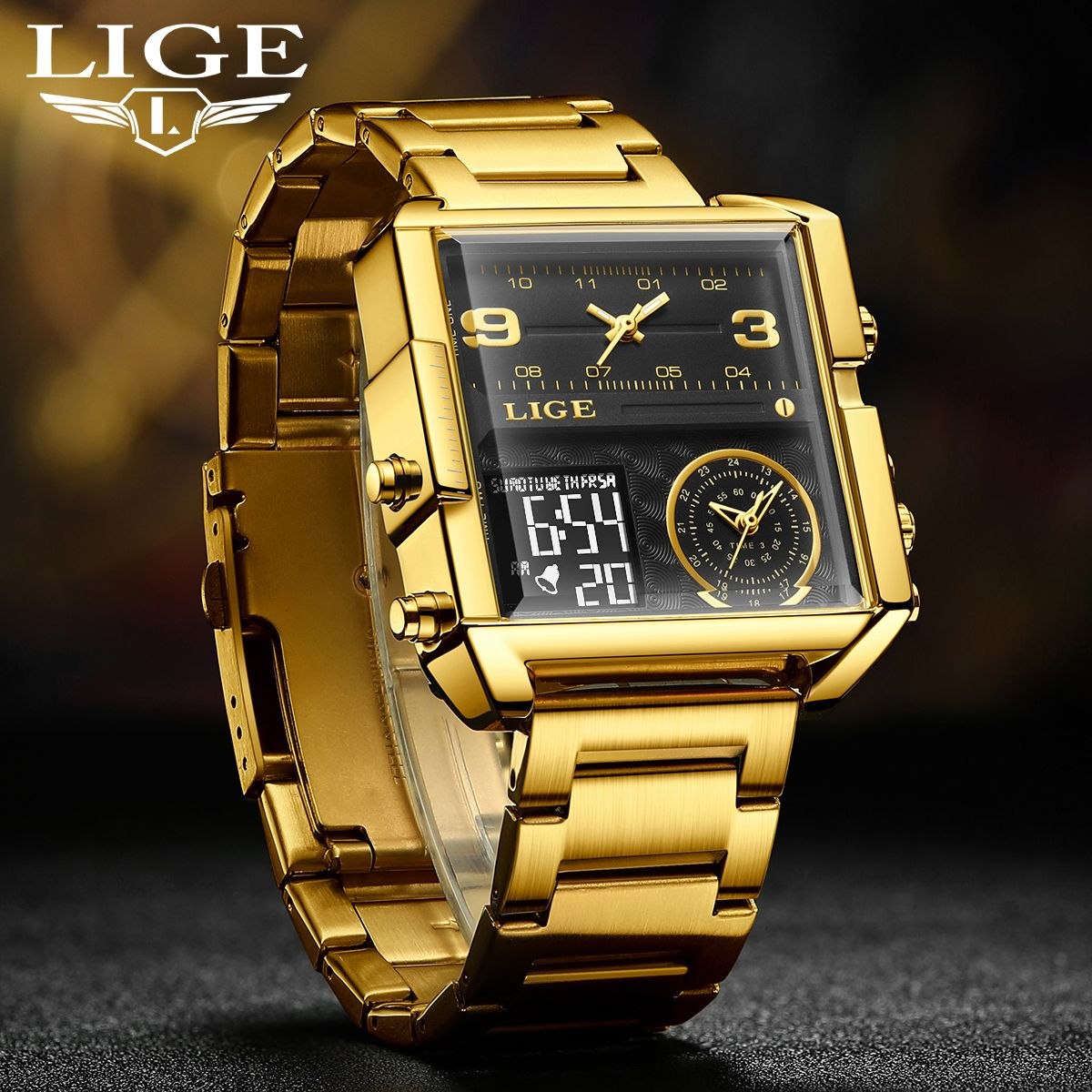 ساعت مردانه سه زمانه لیگ  Lige orginal for men      اور جینال رنگ ثابت  ضدآب  کیس استیل  بند استیل دارای روز شمار ، ایام هفته ،بک لایت ،  نمایش دو زمان آنالوگ و یک زمان دیجیتال  کرنومتر ، آلارم  شیشه ضدخش قطر 45 میلی متر  باکس اصلی